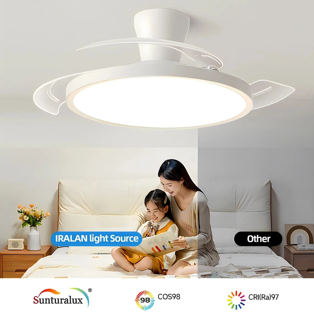 Ventilador de techo moderno con luz LED, motor CC, Control remoto de gran volumen de aire para dormitorio y comedor