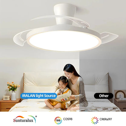 Ventilador de techo moderno con luz LED, motor CC, Control remoto de gran volumen de aire para dormitorio y comedor