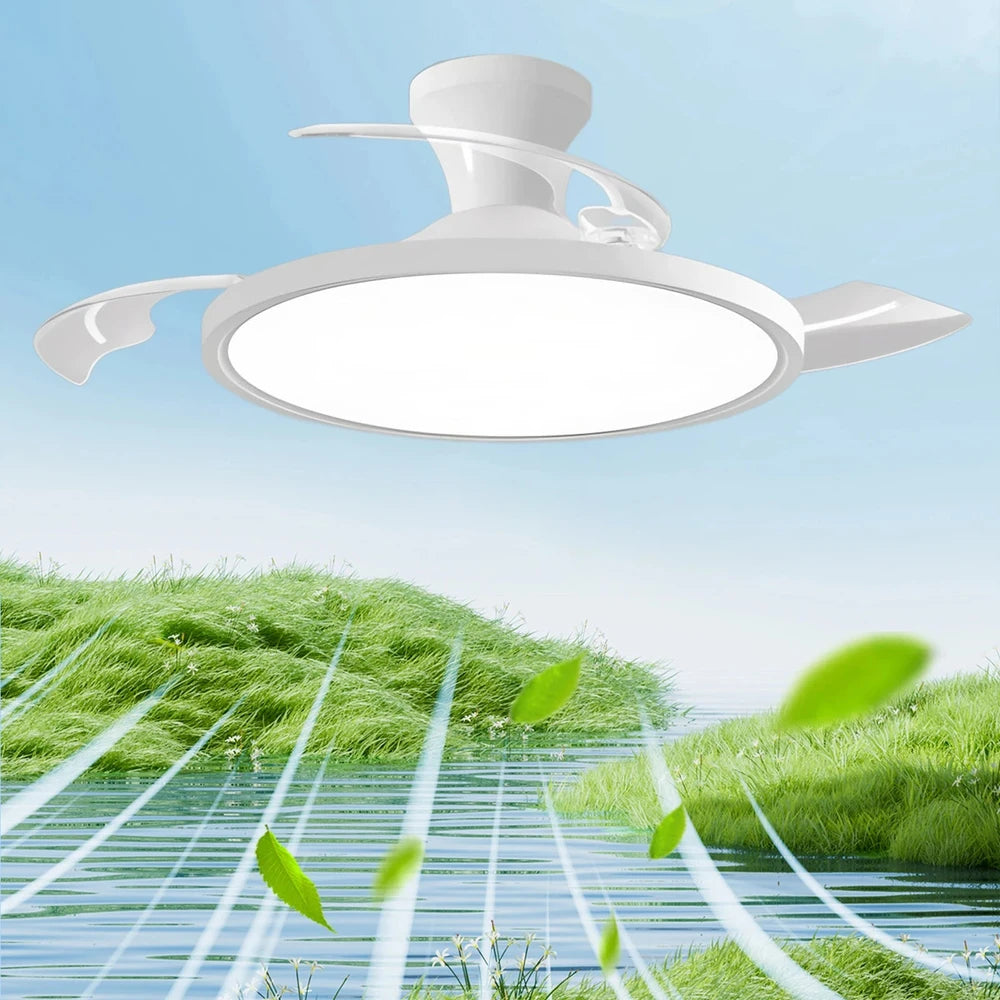 Ventilador de techo moderno con luz LED, motor CC, Control remoto de gran volumen de aire para dormitorio y comedor