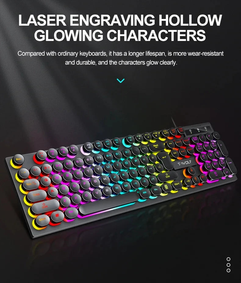 Juego de teclado y ratón gamer. Retroiluminación RGB, teclas redondas, resistente al agua, 104 teclas