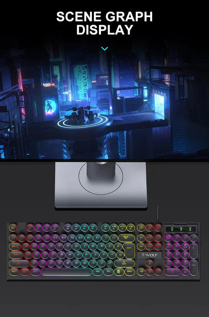 Juego de teclado y ratón gamer. Retroiluminación RGB, teclas redondas, resistente al agua, 104 teclas