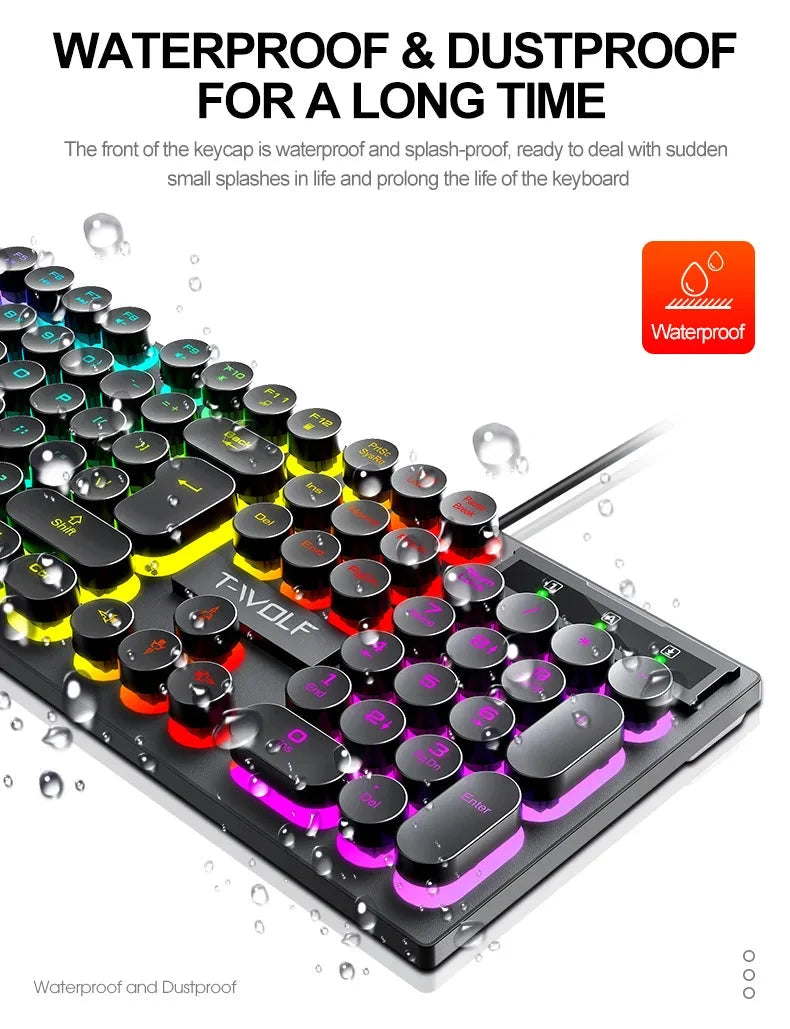 Juego de teclado y ratón gamer. Retroiluminación RGB, teclas redondas, resistente al agua, 104 teclas