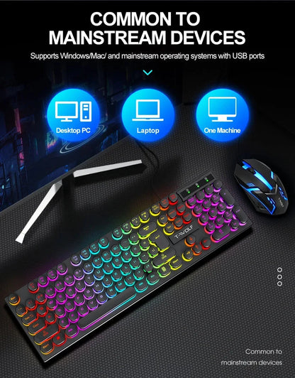 Juego de teclado y ratón gamer. Retroiluminación RGB, teclas redondas, resistente al agua, 104 teclas