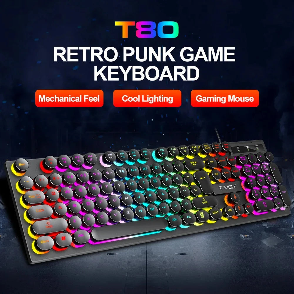 Juego de teclado y ratón gamer. Retroiluminación RGB, teclas redondas, resistente al agua, 104 teclas
