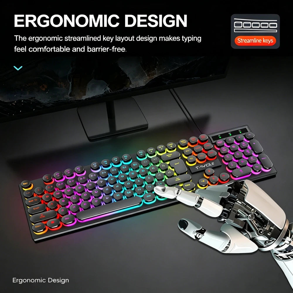 Juego de teclado y ratón gamer. Retroiluminación RGB, teclas redondas, resistente al agua, 104 teclas