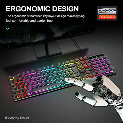 Juego de teclado y ratón gamer. Retroiluminación RGB, teclas redondas, resistente al agua, 104 teclas