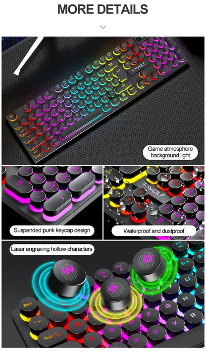 Juego de teclado y ratón gamer. Retroiluminación RGB, teclas redondas, resistente al agua, 104 teclas
