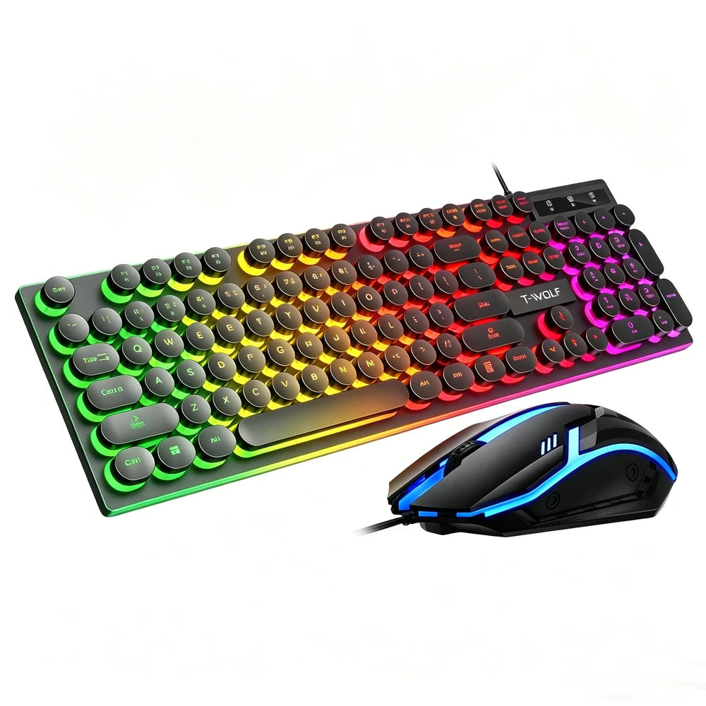 Juego de teclado y ratón gamer. Retroiluminación RGB, teclas redondas, resistente al agua, 104 teclas