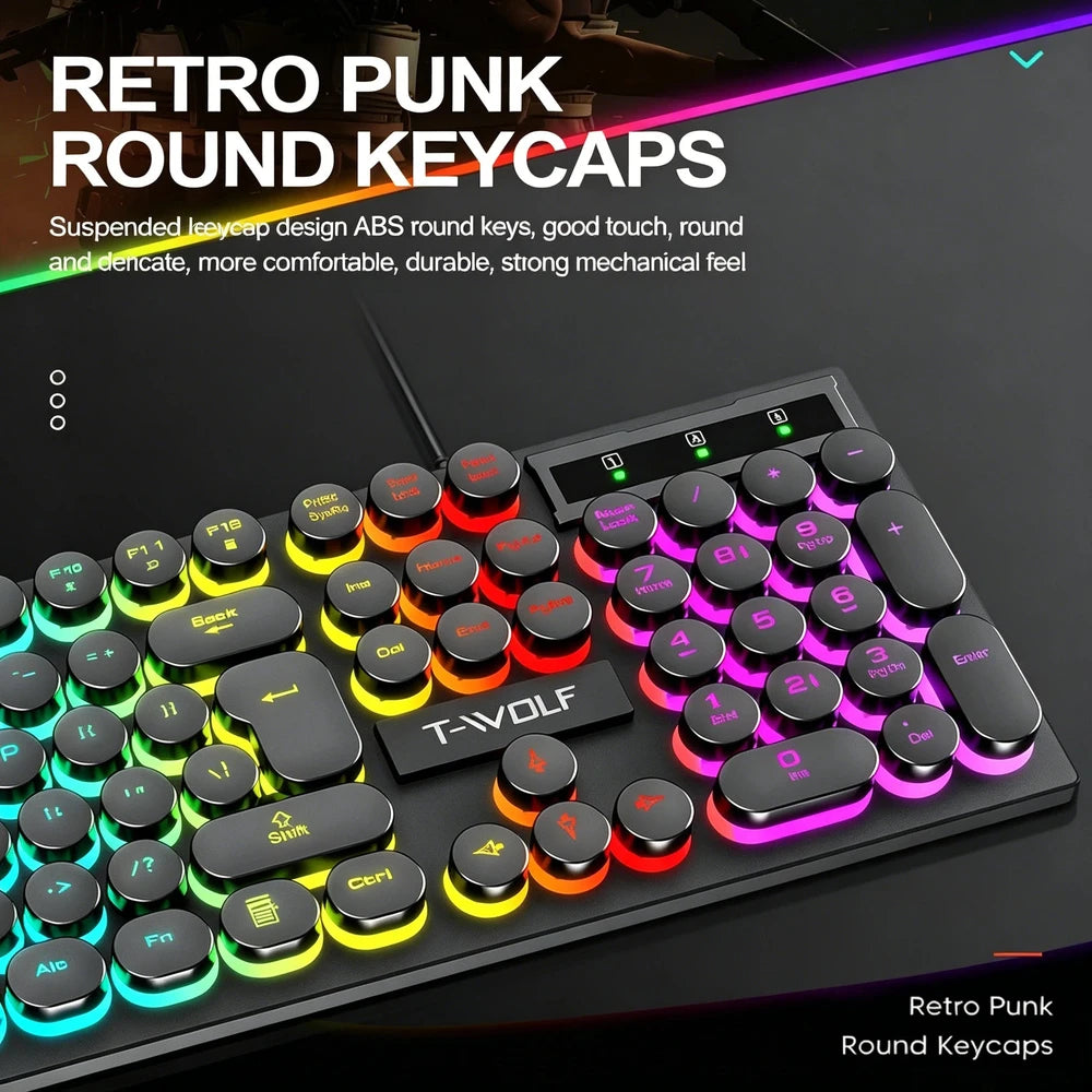 Juego de teclado y ratón gamer. Retroiluminación RGB, teclas redondas, resistente al agua, 104 teclas