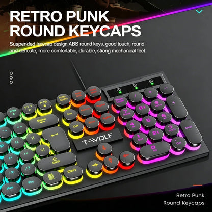Juego de teclado y ratón gamer. Retroiluminación RGB, teclas redondas, resistente al agua, 104 teclas
