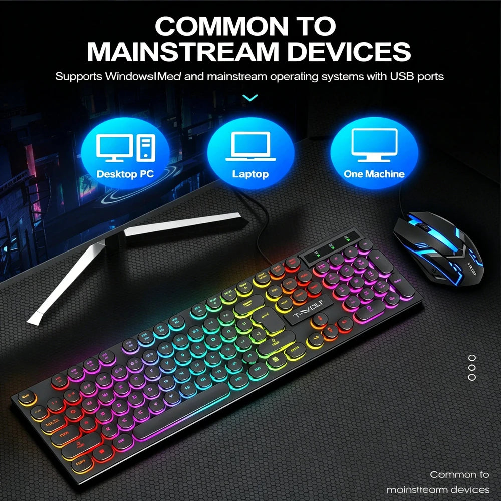 Juego de teclado y ratón gamer. Retroiluminación RGB, teclas redondas, resistente al agua, 104 teclas