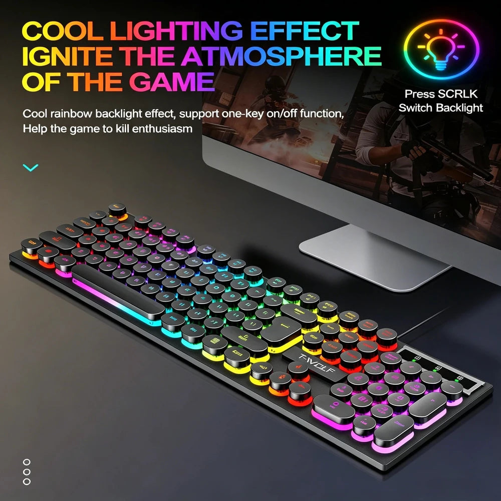 Juego de teclado y ratón gamer. Retroiluminación RGB, teclas redondas, resistente al agua, 104 teclas