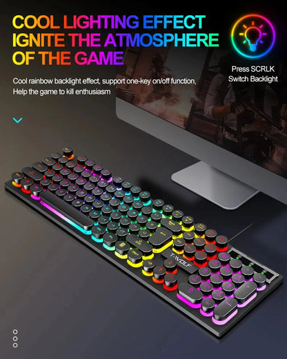 Juego de teclado y ratón gamer. Retroiluminación RGB, teclas redondas, resistente al agua, 104 teclas