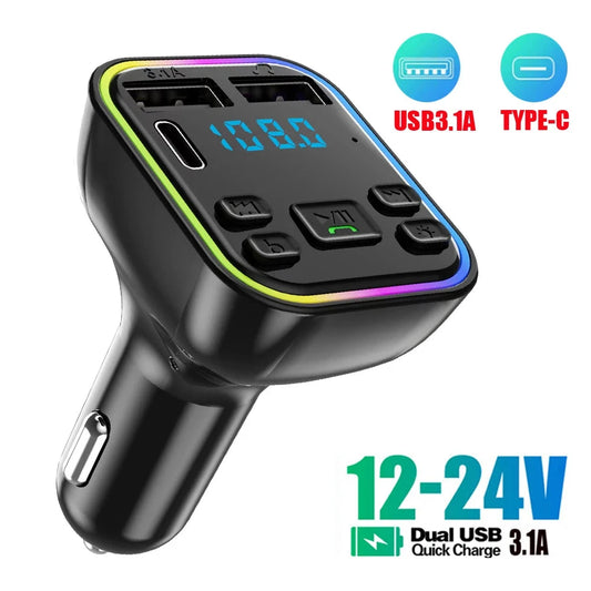 Transmisor FM Bluetooth 5,0 para coche, tipo C Dual USB 3.1A cargador rápido, luz colorida reproductor modulador MP3 y manos libres