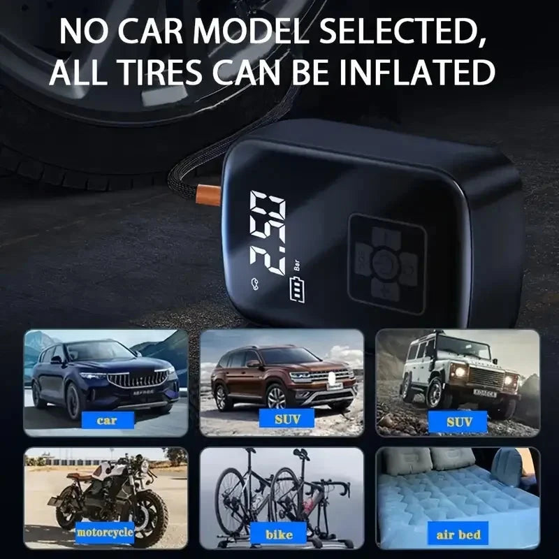 Compresor de aire inalámbrico con pantalla digital para coche, moto, bici...
