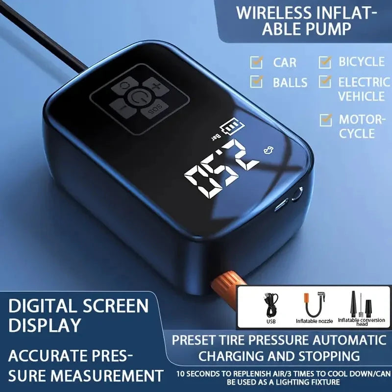 Compresor de aire inalámbrico con pantalla digital para coche, moto, bici...