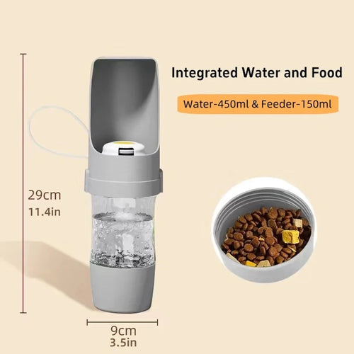 Botella de agua portátil para perros y gatos con almacenamiento de alimentos.