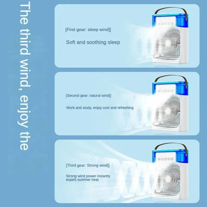 Ventilador/Humidificador de aire portátil. Enfriador de aire eléctrico con USB, luz LED nocturna.