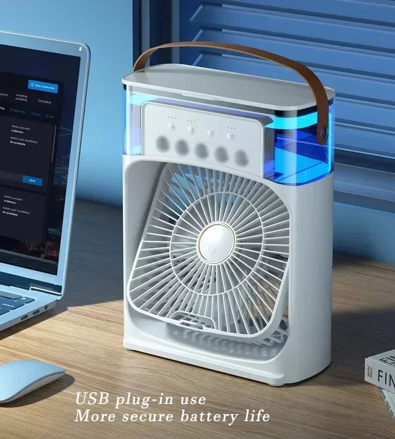Ventilador/Humidificador de aire portátil. Enfriador de aire eléctrico con USB, luz LED nocturna.